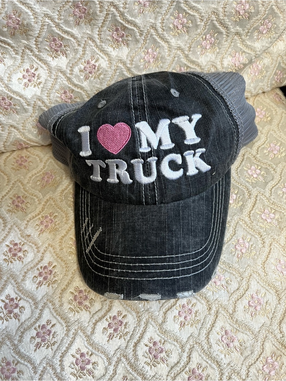 🦋 NWOT Katydid Black Cap with Pink Heart "I ♥ MY TRUCK" Embroidery